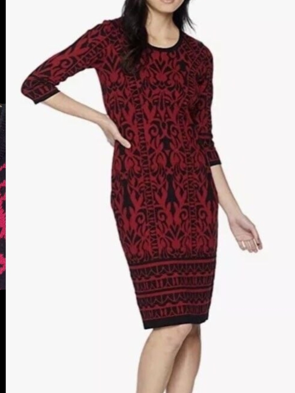 Danny & Nicole Red and Black Long-Sleeve Patterned Sheath Dress
